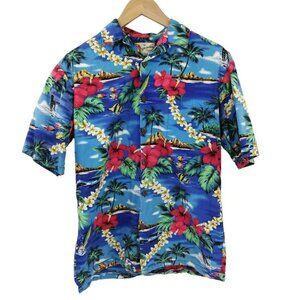 Hilo Hattie Mens Button Front Hawaiian Shirt Size S Short Sleeve Blue Red Ocean